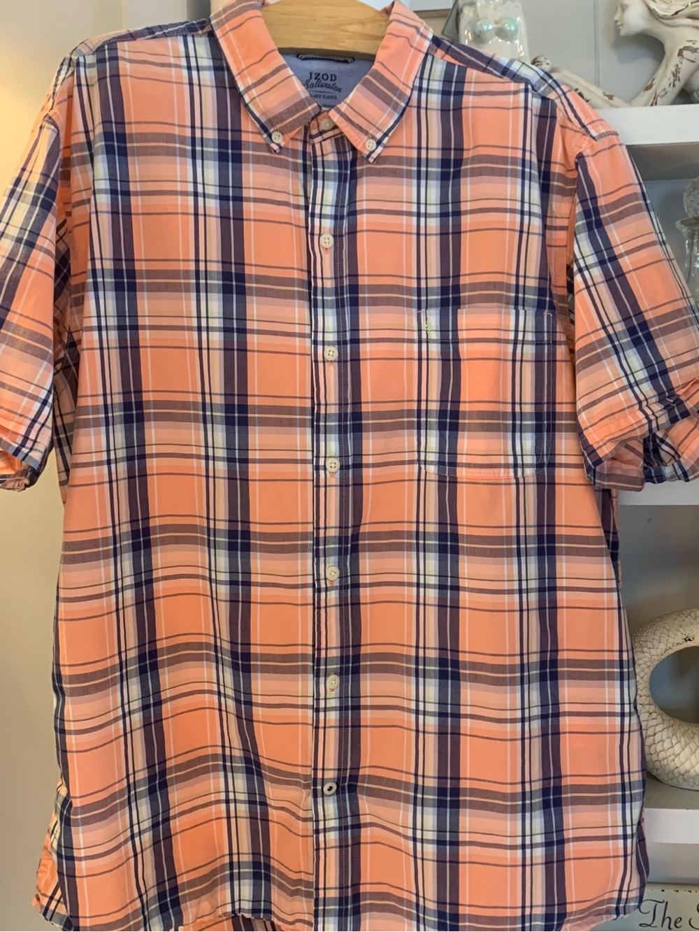 IZOD Saltwater short-sleeve button-down shirt orange blue white plaid Size XL